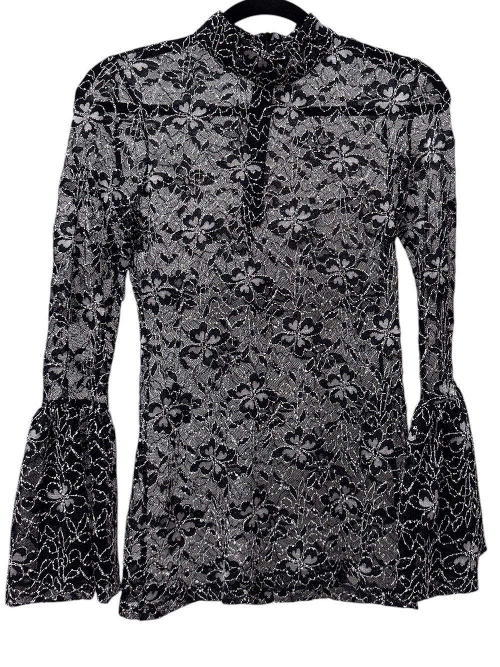Anne Fontaine Black Silver Metallic Lace Mock Neck Bell Sleeve Top EU 36 US 4 - Picture 2 of 9